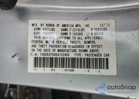 2014 Honda Accord Exl z USA, uszkodzony, nr VIN 1HGCR2F84EA103985